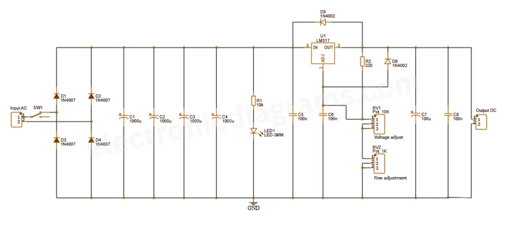 Adjustable DC Power Supply circuit using LM317